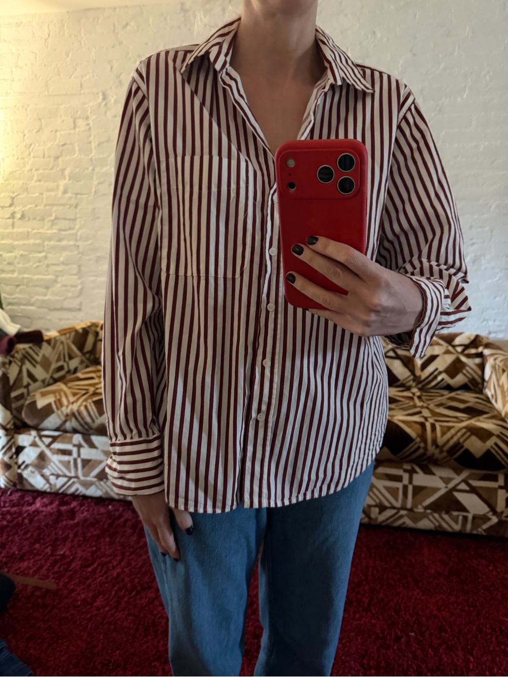 Zara Women’s Burgundy and White Striped Button-Down Shirt